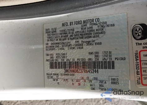 2007 Mercury Milan I4 Premier z USA, uszkodzony, nr VIN 3MEHM08Z37R645244